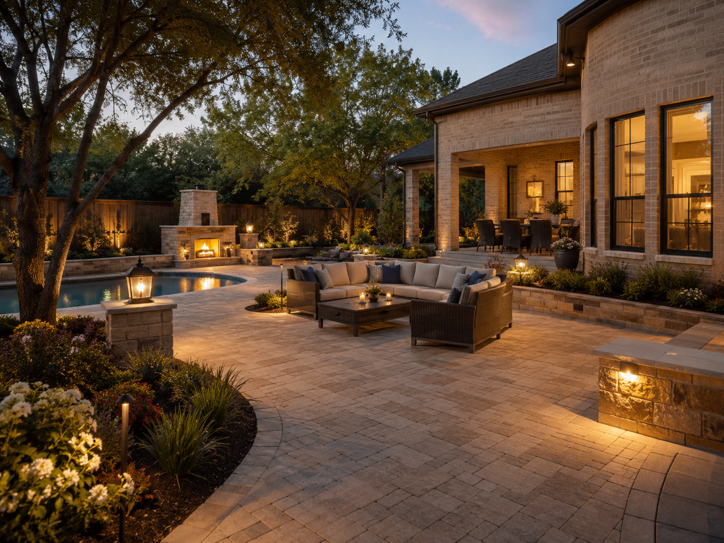 Elegant paver patio with fire feature and seating
