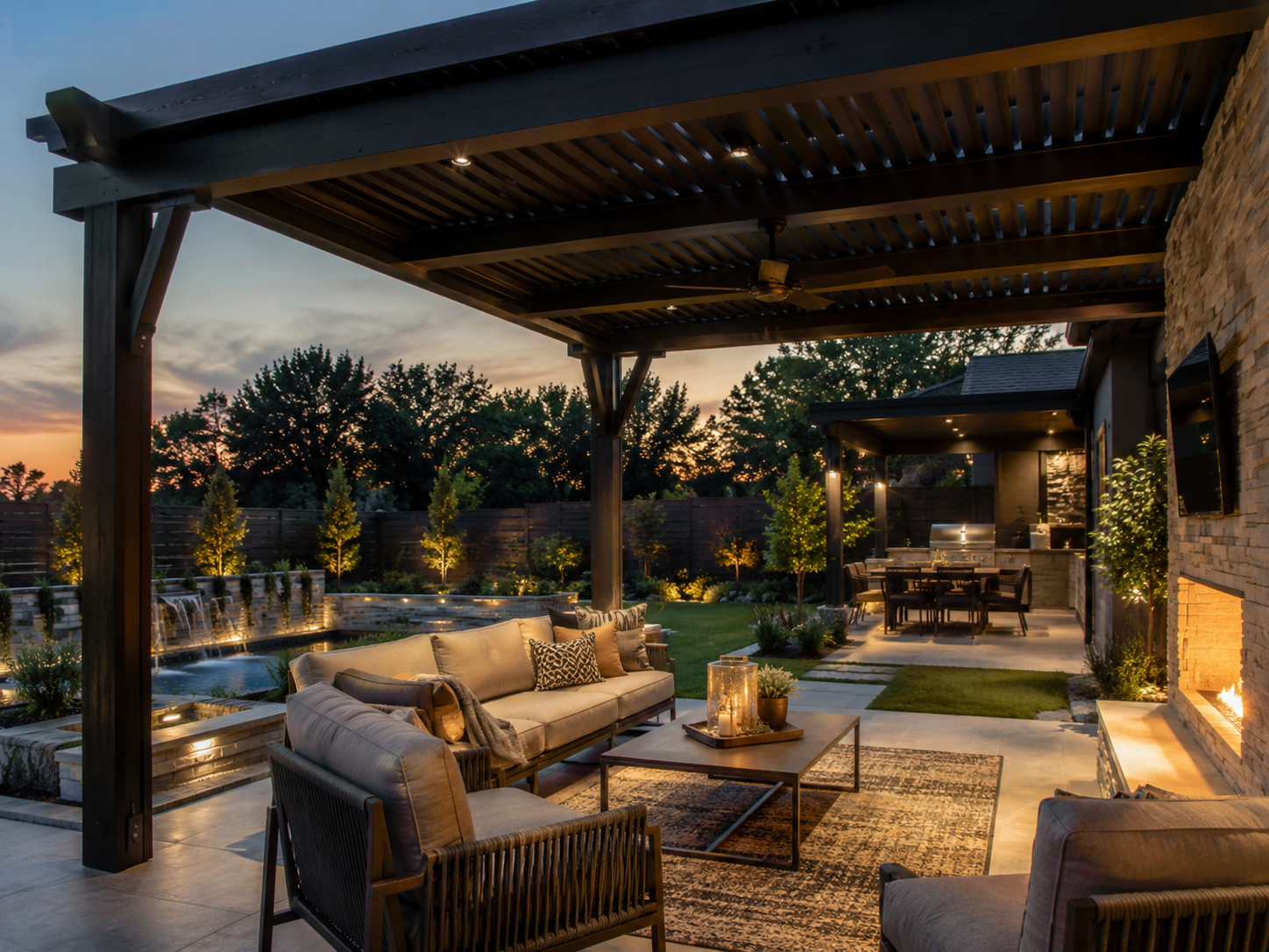 Covered outdoor living patio with lounge seating