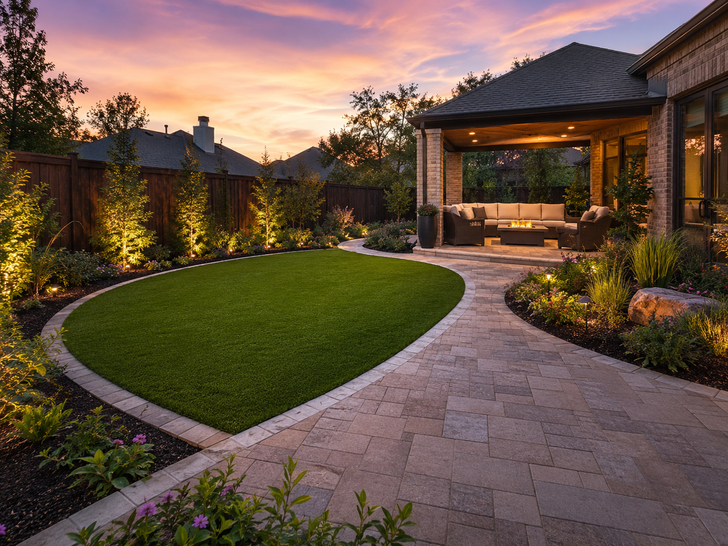 Backyard lawn and paver walkway at sunset